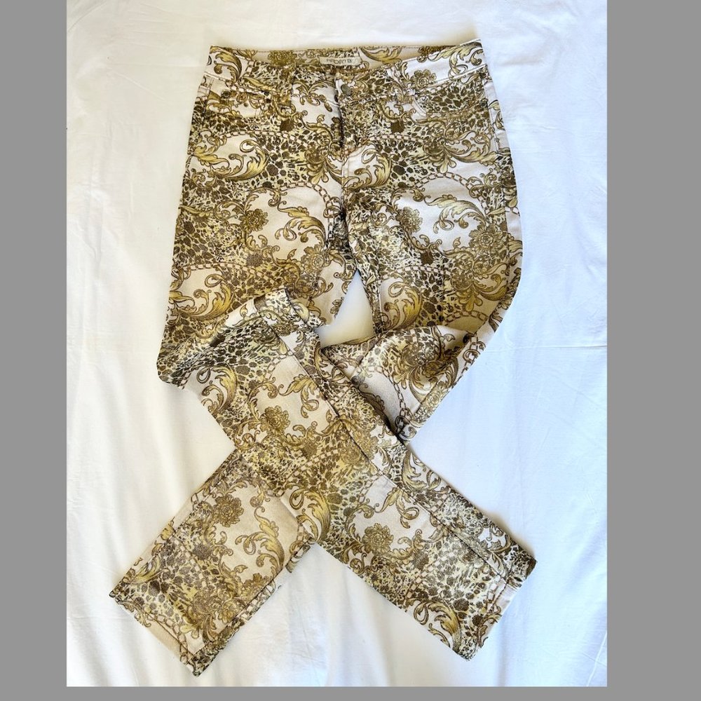 Arden B. Damask Print Skinny Jeans Gold Lamé Metallic Coated size 4